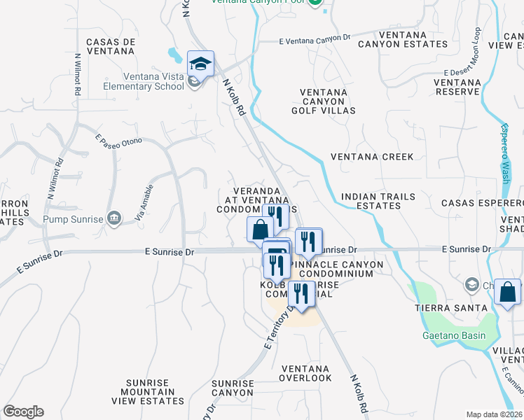 map of restaurants, bars, coffee shops, grocery stores, and more near 5751 North Kolb Road in Tucson