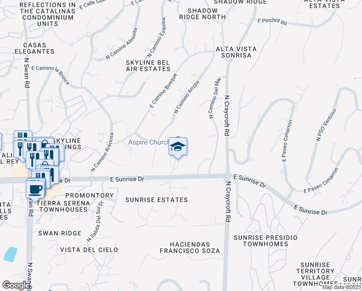 map of restaurants, bars, coffee shops, grocery stores, and more near 5301 East Sunrise Drive in Tucson
