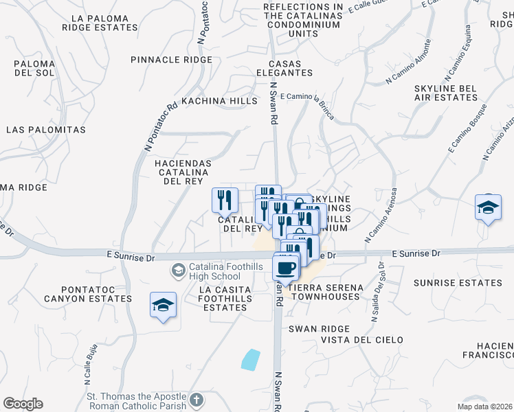 map of restaurants, bars, coffee shops, grocery stores, and more near 5734 North Camino laguna in Tucson