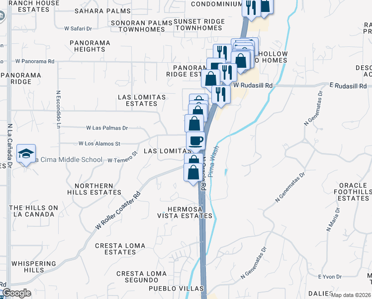 map of restaurants, bars, coffee shops, grocery stores, and more near 637 West Las Lomitas Road in Tucson
