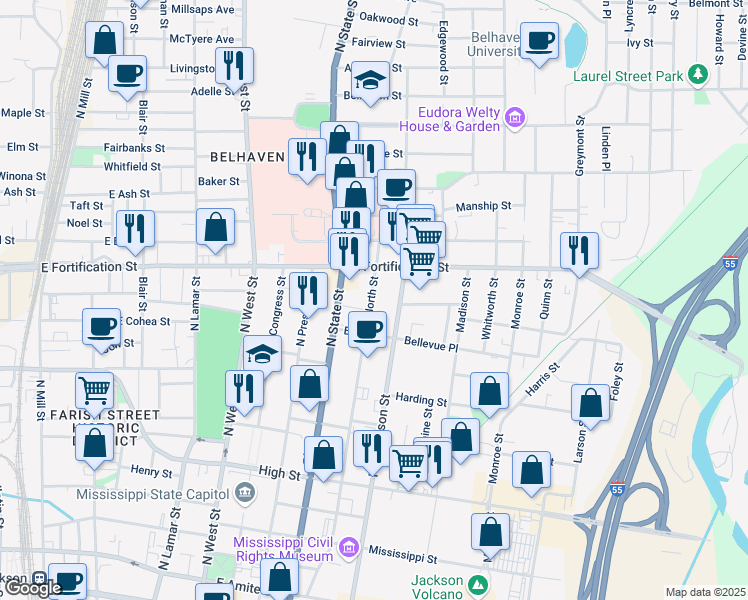 map of restaurants, bars, coffee shops, grocery stores, and more near 953 North Street in Jackson