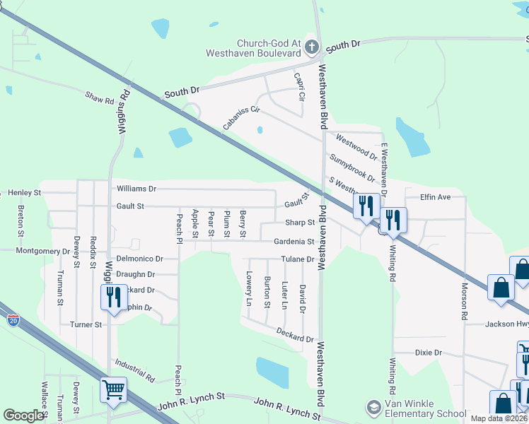 map of restaurants, bars, coffee shops, grocery stores, and more near 5140 Gault Street in Jackson
