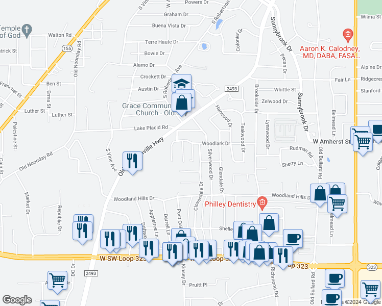 map of restaurants, bars, coffee shops, grocery stores, and more near 3421 Cottage Court in Tyler
