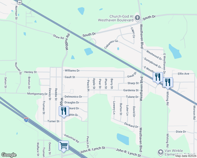 map of restaurants, bars, coffee shops, grocery stores, and more near 5350 Gault Street in Jackson