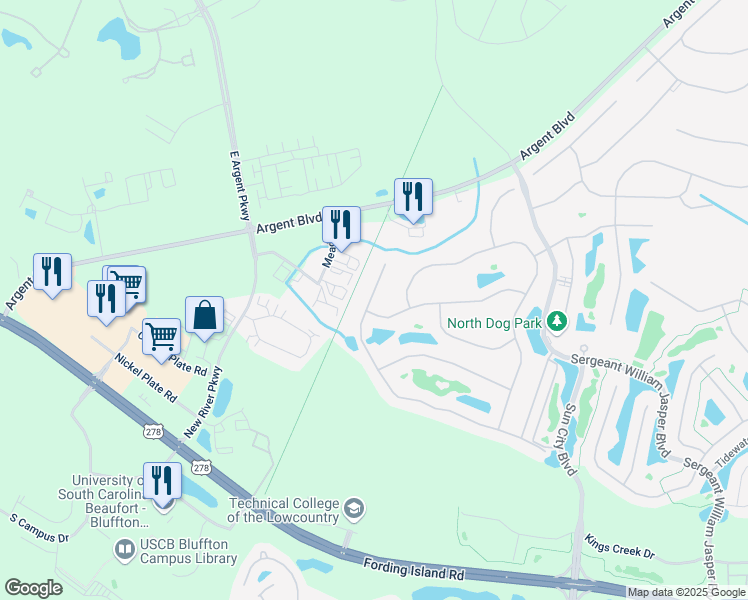 map of restaurants, bars, coffee shops, grocery stores, and more near 2418 Freshwater Lane in Bluffton