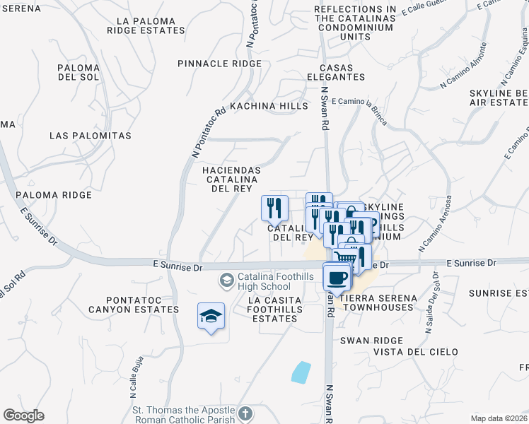map of restaurants, bars, coffee shops, grocery stores, and more near 5781 North Camino Del Sol in Tucson