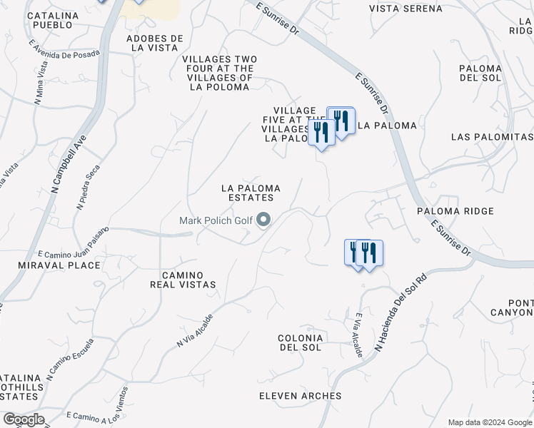 map of restaurants, bars, coffee shops, grocery stores, and more near 3413 East Vía Palomita in Tucson