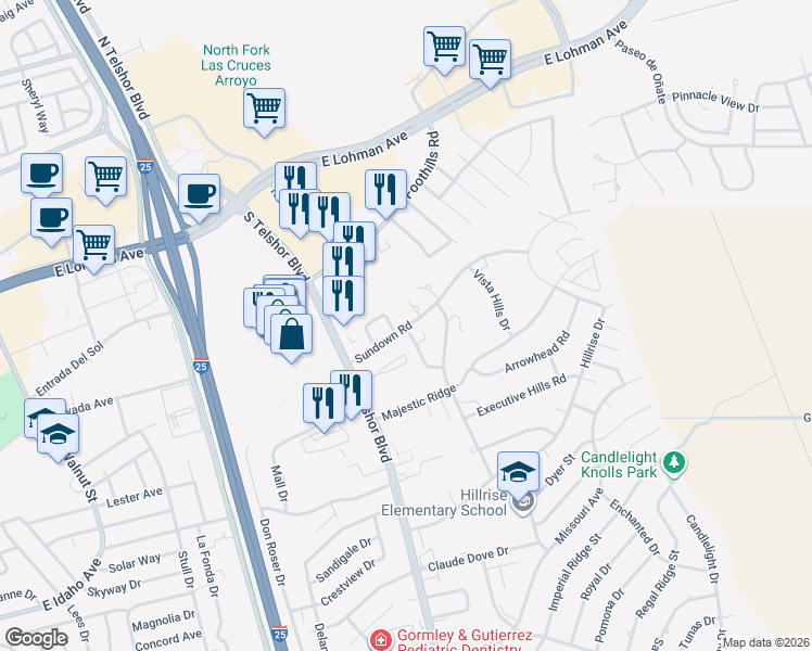 map of restaurants, bars, coffee shops, grocery stores, and more near 2991 Sundance Circle in Las Cruces