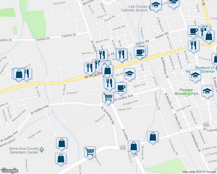 map of restaurants, bars, coffee shops, grocery stores, and more near 1321 Brownlee Avenue in Las Cruces