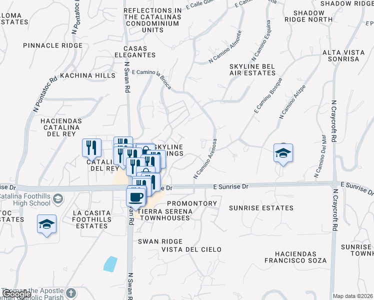 map of restaurants, bars, coffee shops, grocery stores, and more near 5755 North Placita Bacanora in Tucson