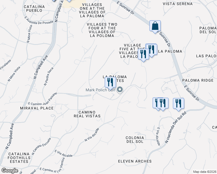 map of restaurants, bars, coffee shops, grocery stores, and more near 3264 East Camino Juan Paisano in Tucson