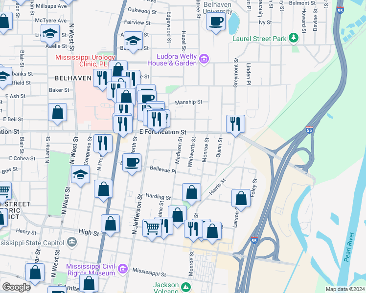 map of restaurants, bars, coffee shops, grocery stores, and more near 1038 Madison Street in Jackson