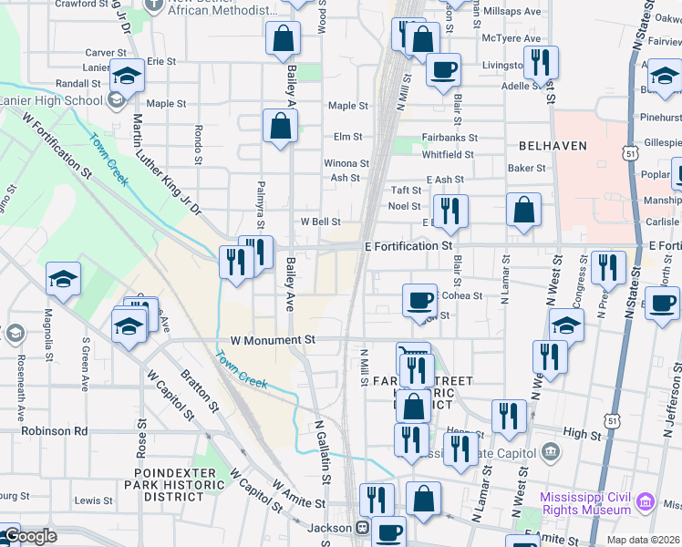 map of restaurants, bars, coffee shops, grocery stores, and more near 950 Salem Street in Jackson