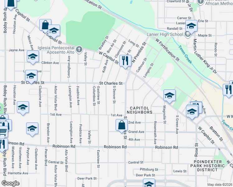 map of restaurants, bars, coffee shops, grocery stores, and more near 221 South Denver Street in Jackson