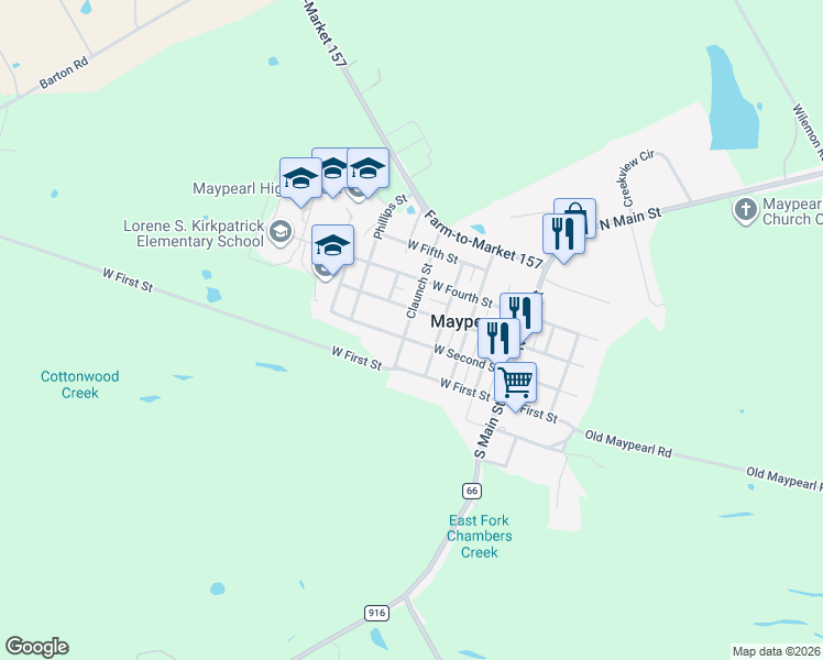 map of restaurants, bars, coffee shops, grocery stores, and more near 410 Third Street in Maypearl