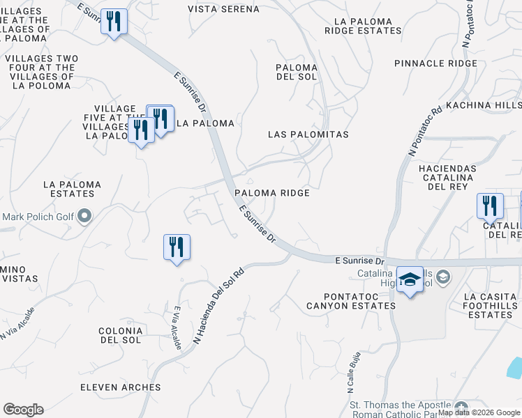 map of restaurants, bars, coffee shops, grocery stores, and more near 5745 North Winding Woods Place in Tucson