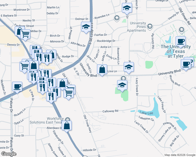 map of restaurants, bars, coffee shops, grocery stores, and more near 2701 University Boulevard in Tyler
