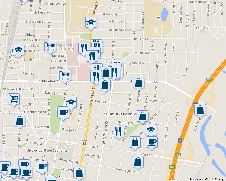 map of restaurants, bars, coffee shops, grocery stores, and more near 904 Morningside Street in Jackson