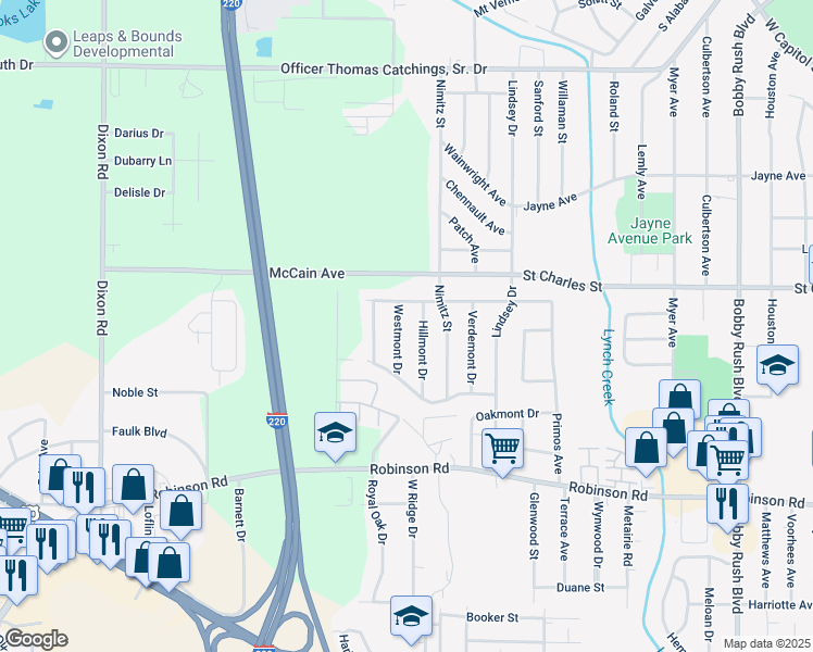 map of restaurants, bars, coffee shops, grocery stores, and more near 705 Westmont Drive in Jackson