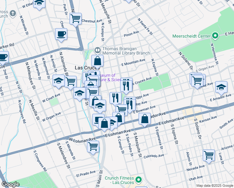 map of restaurants, bars, coffee shops, grocery stores, and more near 344 East Las Cruces Avenue in Las Cruces