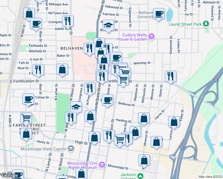 map of restaurants, bars, coffee shops, grocery stores, and more near 953 North Street in Jackson