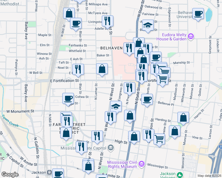 map of restaurants, bars, coffee shops, grocery stores, and more near in Jackson