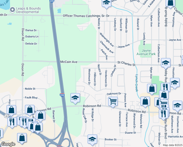 map of restaurants, bars, coffee shops, grocery stores, and more near 705 Westmont Drive in Jackson