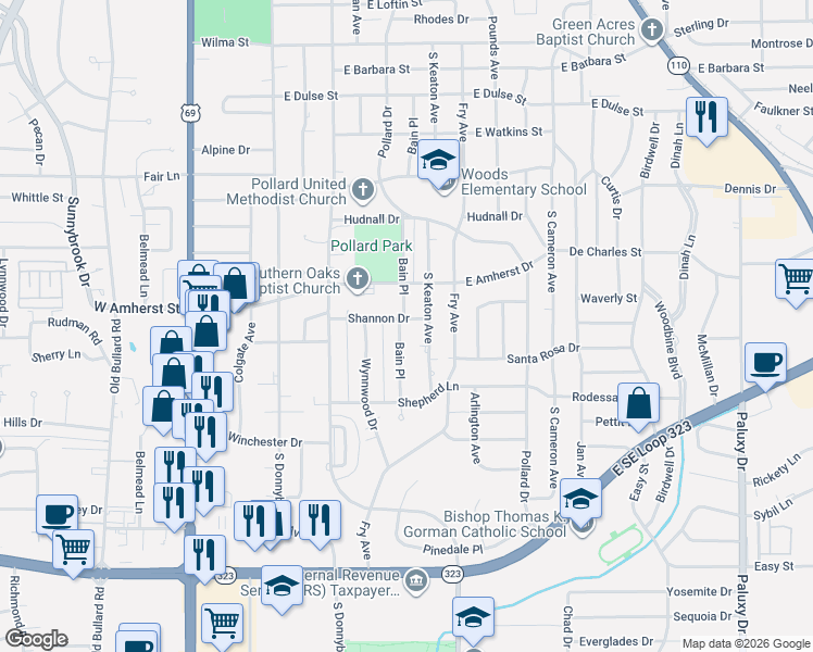 map of restaurants, bars, coffee shops, grocery stores, and more near 3414 Bain Place in Tyler