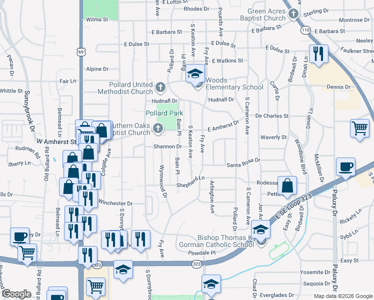 map of restaurants, bars, coffee shops, grocery stores, and more near 3414 Bain Place in Tyler