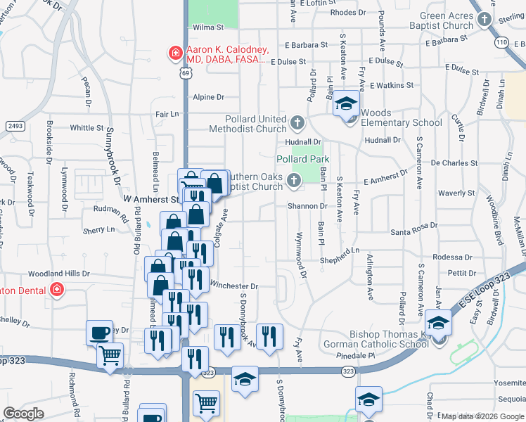 map of restaurants, bars, coffee shops, grocery stores, and more near 504 Lehigh Place in Tyler