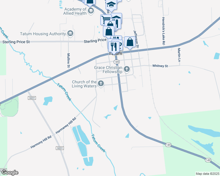 map of restaurants, bars, coffee shops, grocery stores, and more near 225 Stevens in Tatum