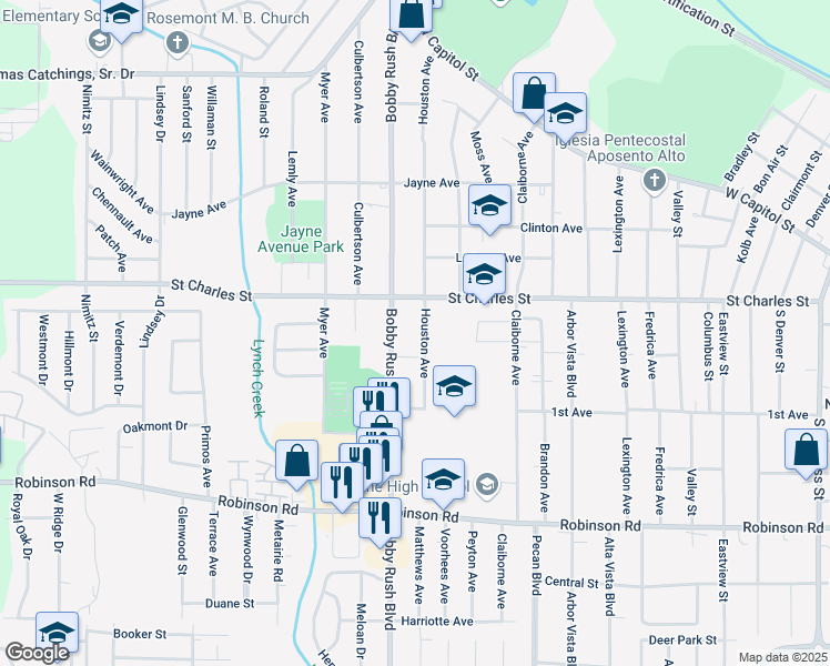 map of restaurants, bars, coffee shops, grocery stores, and more near 621 Houston Avenue in Jackson