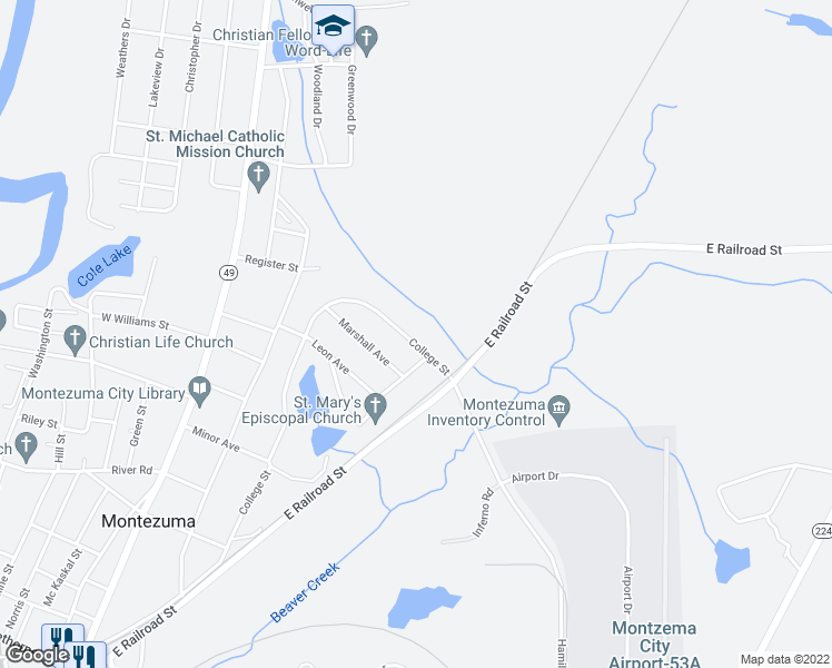 map of restaurants, bars, coffee shops, grocery stores, and more near 719 College Street in Montezuma