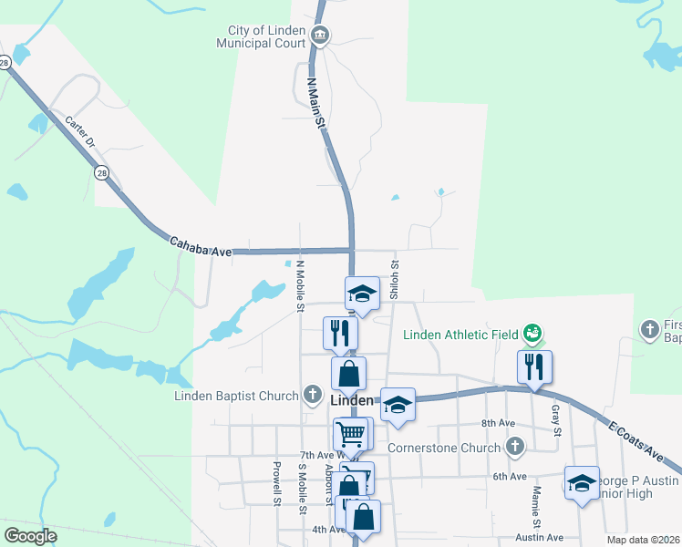 map of restaurants, bars, coffee shops, grocery stores, and more near 504-598 N Main St in Linden
