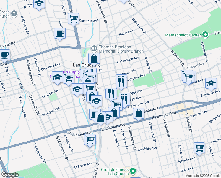 map of restaurants, bars, coffee shops, grocery stores, and more near 344 East Las Cruces Avenue in Las Cruces