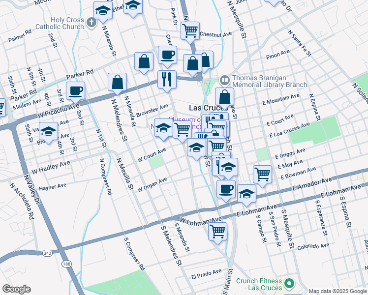 map of restaurants, bars, coffee shops, grocery stores, and more near 339 North Alameda Boulevard in Las Cruces