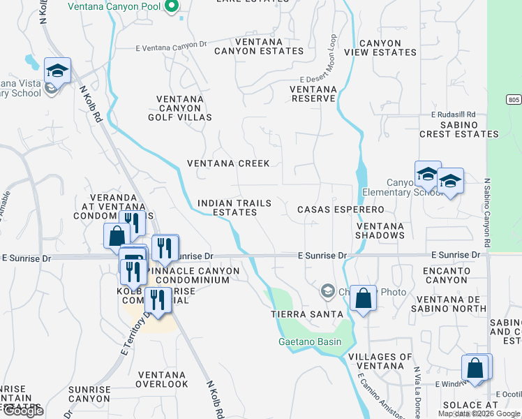 map of restaurants, bars, coffee shops, grocery stores, and more near 5740 North Moccasin Trail in Tucson
