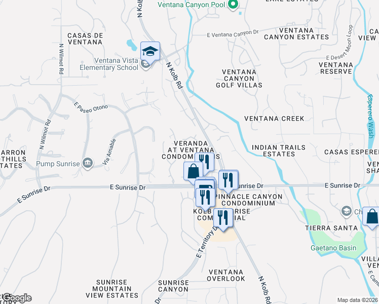 map of restaurants, bars, coffee shops, grocery stores, and more near 5751 North Kolb Road in Tucson