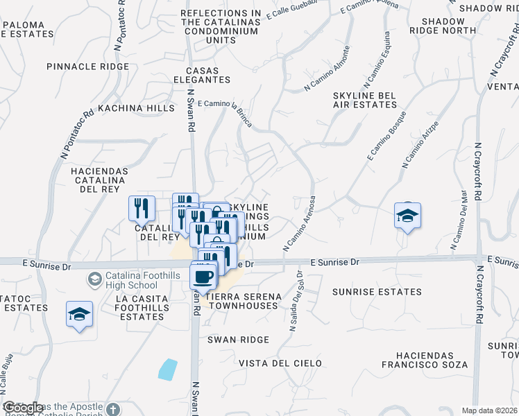 map of restaurants, bars, coffee shops, grocery stores, and more near 5774 North Placita Esplendora in Tucson