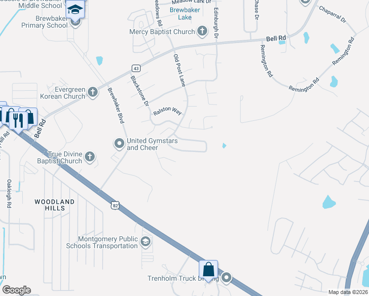 map of restaurants, bars, coffee shops, grocery stores, and more near 5724 Hammermill Loop in Montgomery