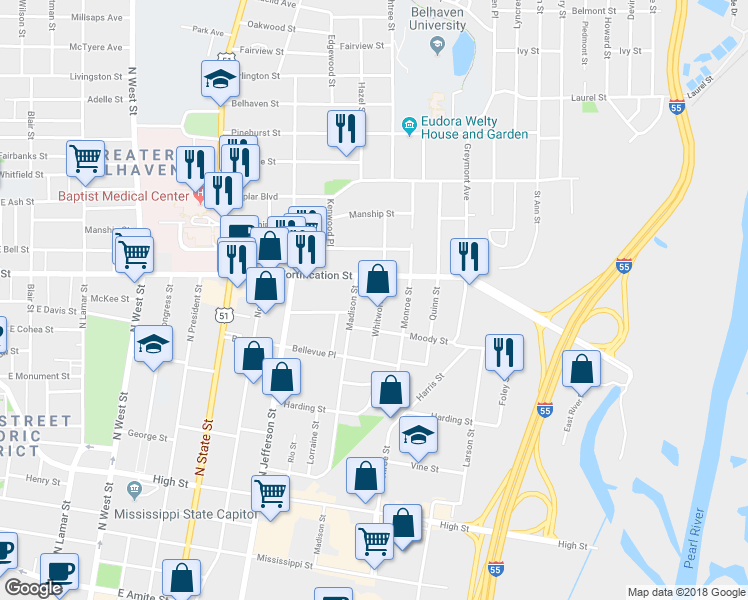 map of restaurants, bars, coffee shops, grocery stores, and more near 1038 Madison Street in Jackson