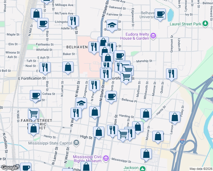 map of restaurants, bars, coffee shops, grocery stores, and more near 953 North Street in Jackson