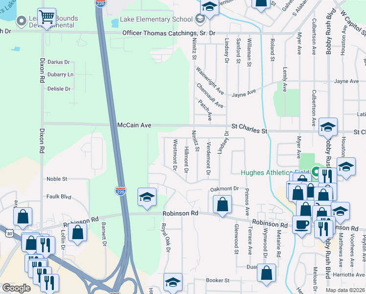 map of restaurants, bars, coffee shops, grocery stores, and more near 702 Hillmont Drive in Jackson