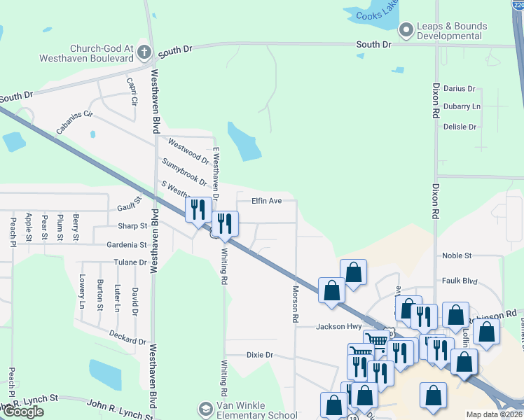 map of restaurants, bars, coffee shops, grocery stores, and more near 4617 Elfin Avenue in Jackson