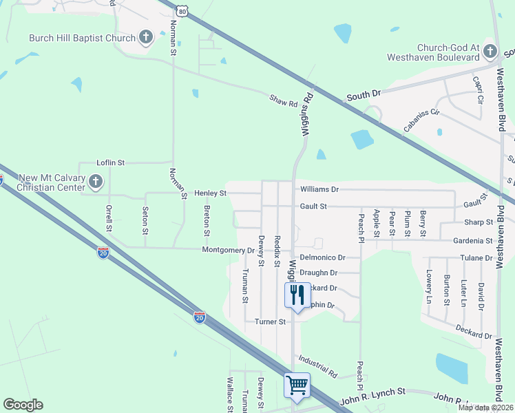 map of restaurants, bars, coffee shops, grocery stores, and more near 1417 Dewey Street in Jackson