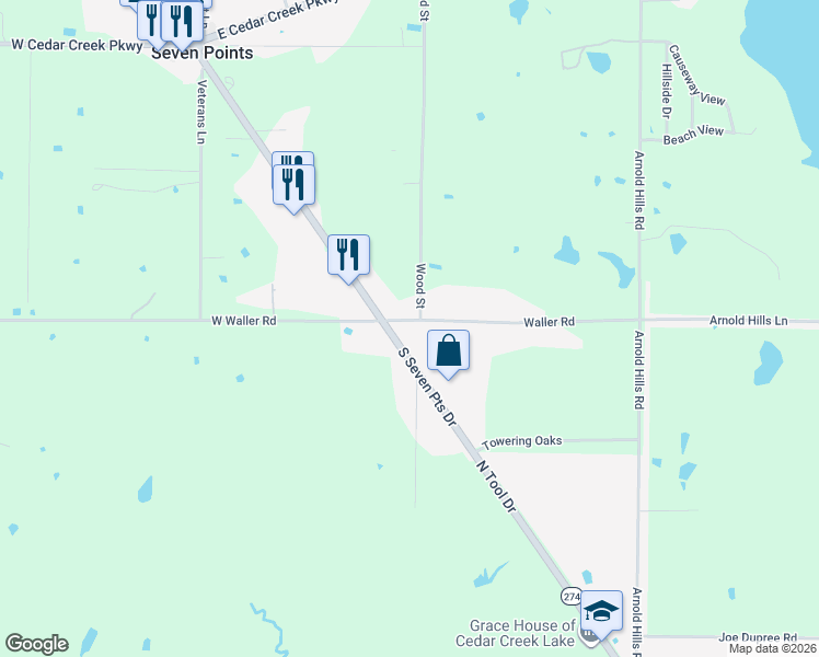 map of restaurants, bars, coffee shops, grocery stores, and more near 620 South Seven Points Boulevard in Seven Points