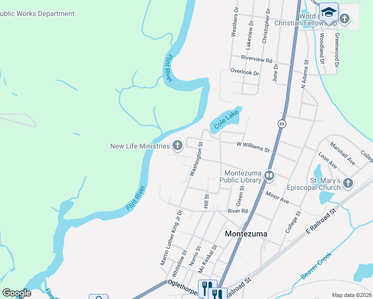 map of restaurants, bars, coffee shops, grocery stores, and more near 505 Merritt Street in Montezuma