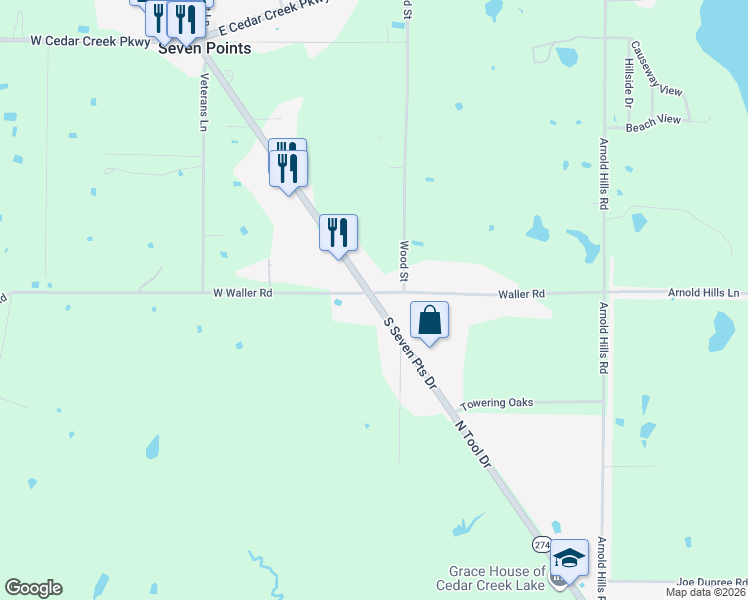 map of restaurants, bars, coffee shops, grocery stores, and more near 620 South Seven Points Boulevard in Seven Points