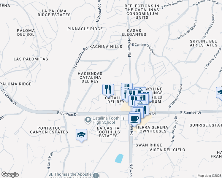 map of restaurants, bars, coffee shops, grocery stores, and more near 4574 East Camino de Oro in Tucson