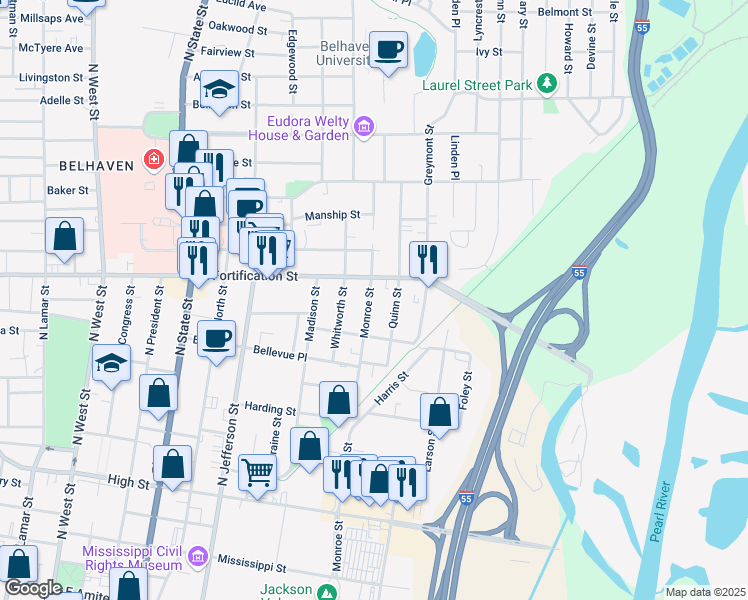 map of restaurants, bars, coffee shops, grocery stores, and more near 1044 Monroe Street in Jackson